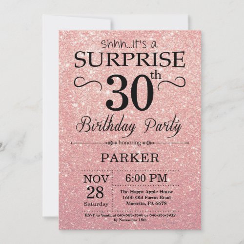 Rose Gold Pink Glitter Surprise 30th Birthday