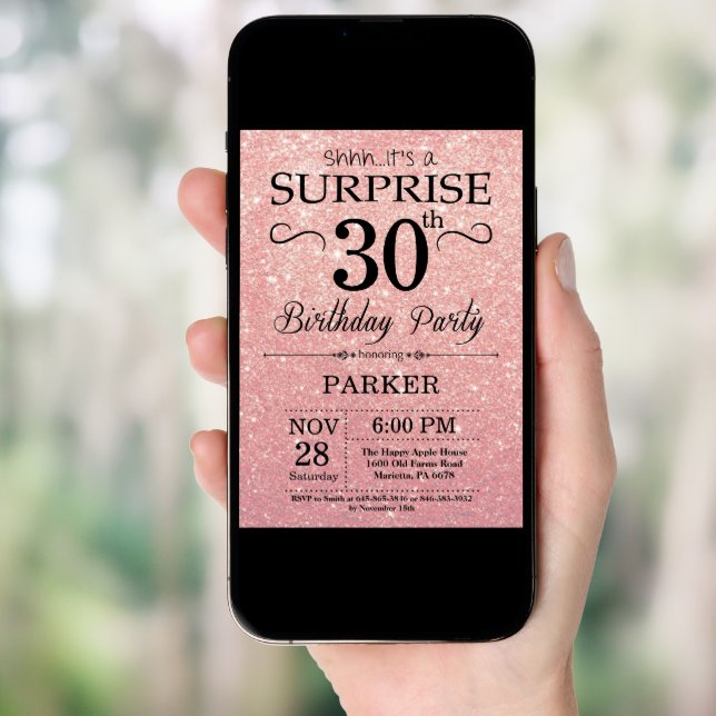 Rose Gold Pink Glitter Surprise 30th Birthday Invitation (Front Digital)