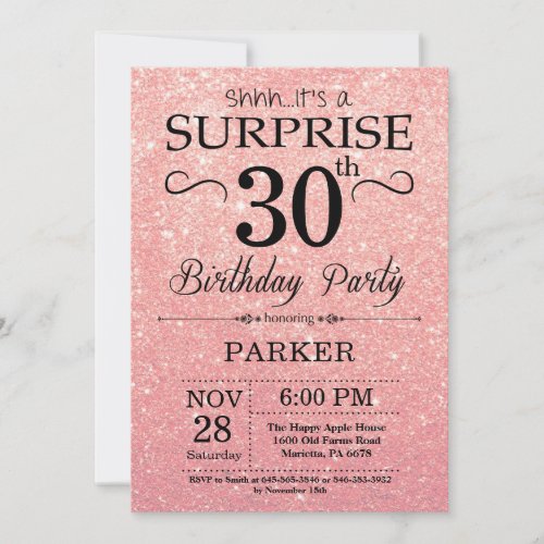 Rose Gold Pink Glitter Surprise 30th Birthday Invitation