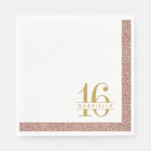 Rose Gold Pink Glitter Sweet 16 Birthday Name Napkins