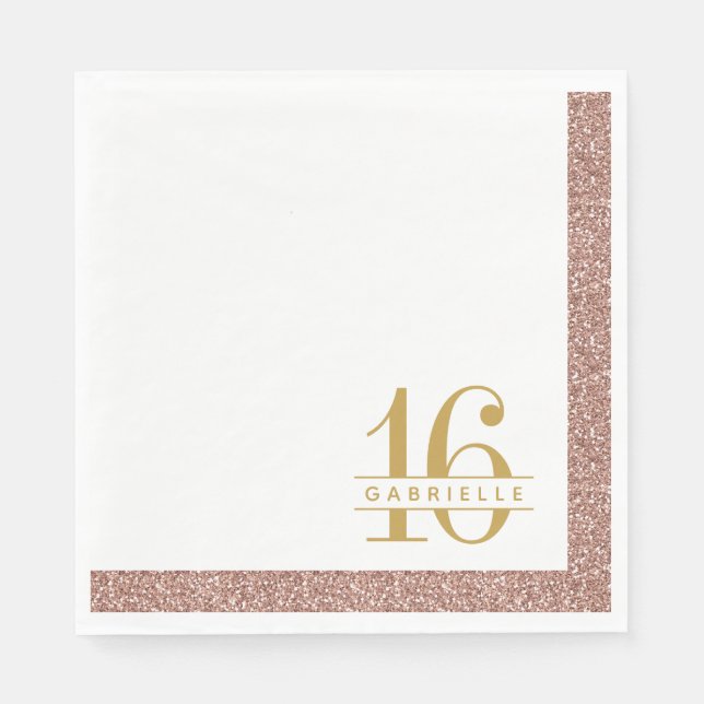 Rose Gold Pink Glitter Sweet 16 Birthday Name Napkins (Front)