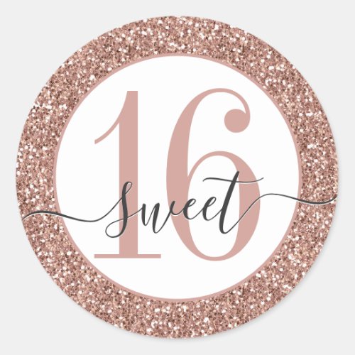 Rose Gold Pink Glitter Sweet 16 Favor Sticker Seal