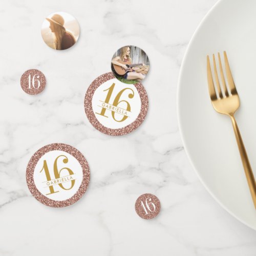 Rose Gold Pink Glitter Sweet 16 Name and Photo Confetti