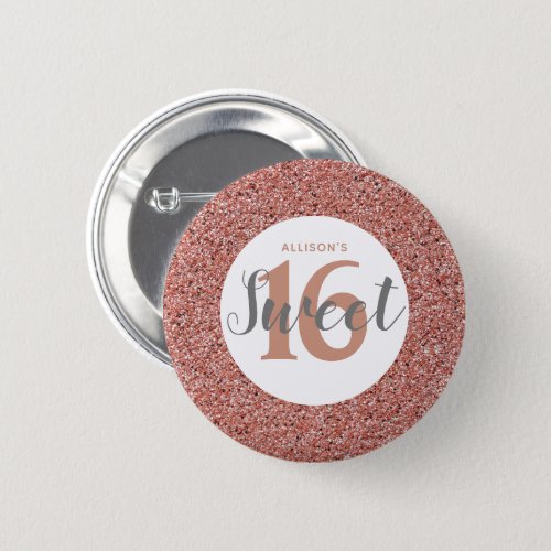 Rose Gold Pink Glitter Sweet 16 Party Favor Name Button