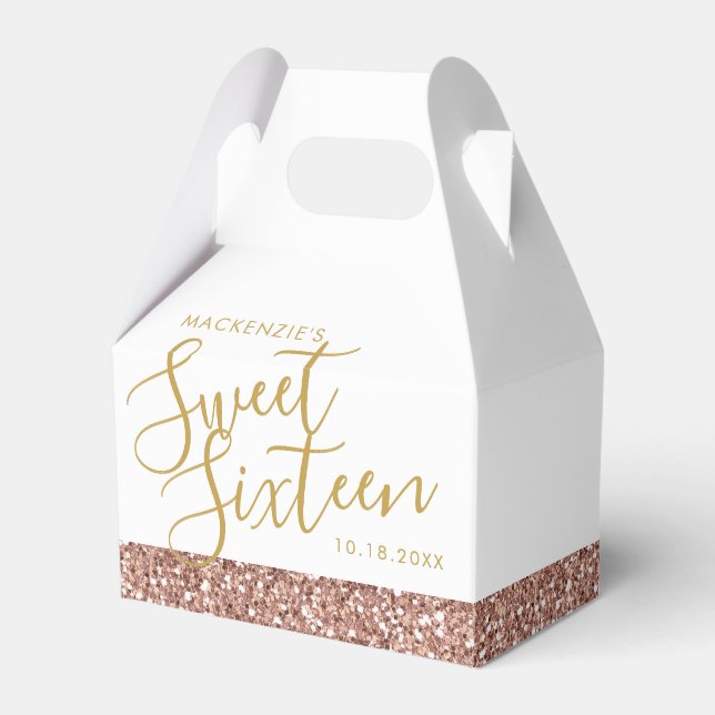 Rose Gold Pink Glitter Sweet 16 Personalized Favor Boxes (Front Side)