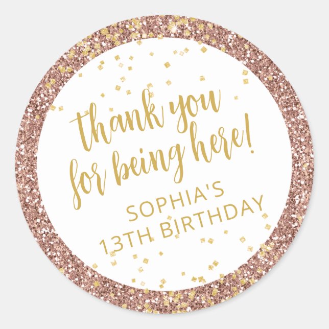 Rose Gold Pink Glitter Thank You Birthday Favor Classic Round Sticker (Front)