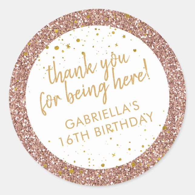 Rose Gold Pink Glitter Thank You Birthday Favor Classic Round Sticker (Front)