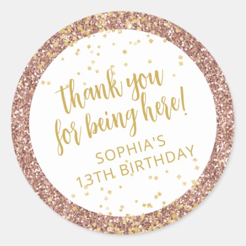 Rose Gold Pink Glitter Thank You Birthday Favor Classic Round Sticker