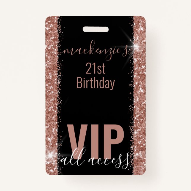 Rose Gold Pink Glitter VIP Bday Party Invitation Badge (Front)