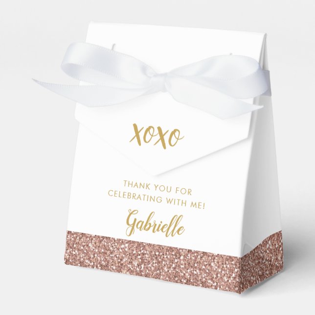 Rose Gold Pink Glitter XOXO Birthday Mitzvah Favor Boxes (Front Side)