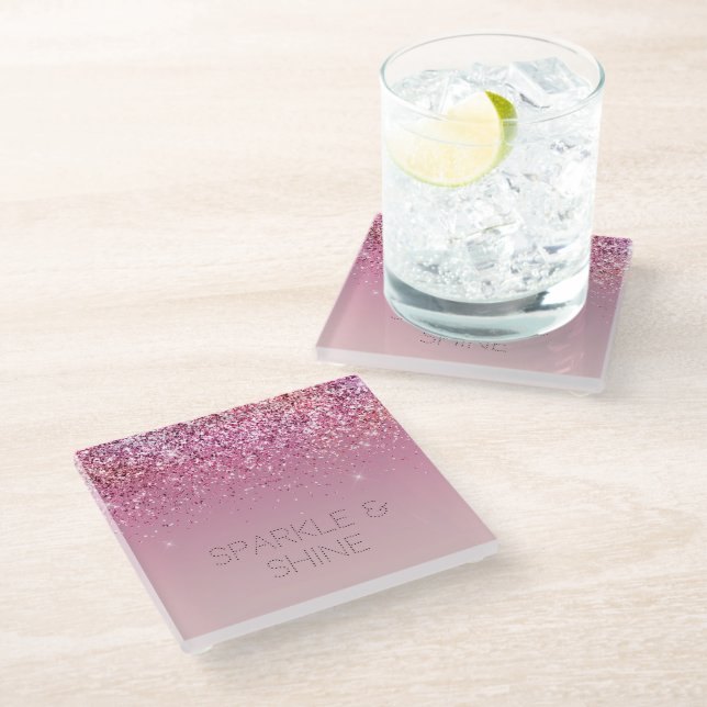 Rose Gold Pink Gold Glitter Sparkle Glass Coaster (Angled)