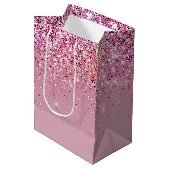 Rose Gold Pink Gold Glitter Sparkle Medium Gift Bag (Front Angled)