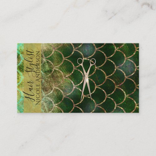 Rose Gold Pink Gold Green Mermaid Hair Stylist Business Card