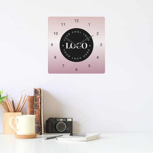 Rose Gold Pink Gradient Custom Logo Company Office Square Wall Clock