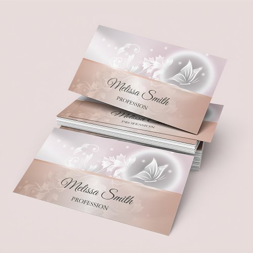 Rose Gold Pink Gray  Floral Butterfly Business Card