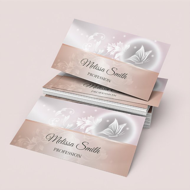 Rose Gold Pink Gray | Floral Butterfly Business Card (Creator Uploaded)