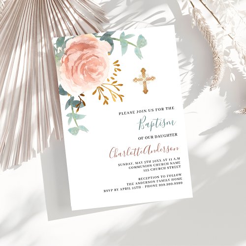 Rose gold pink greenery gold cross baptism invitation