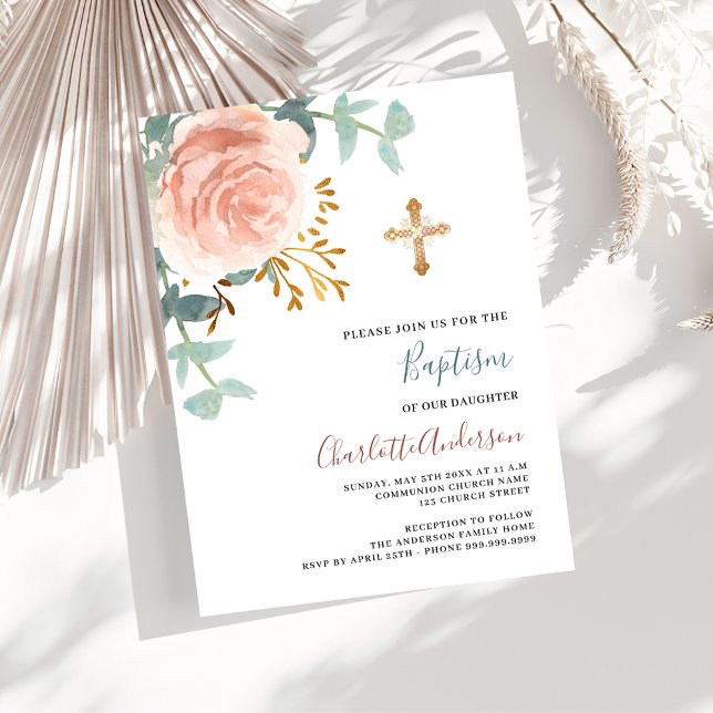 Rose gold pink greenery gold cross baptism invitation postcard (Creator Uploaded)