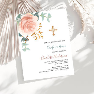 Rose gold pink greenery gold cross confirmation invitation postcard