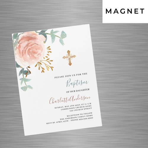 Rose gold pink greenery gold luxury baptism magnetic invitation