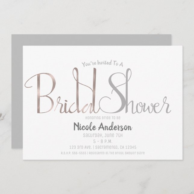 Rose Gold Pink & Grey Script Modern Bridal Shower Invitation (Front/Back)