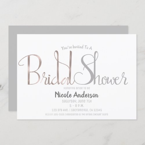 Rose Gold Pink  Grey Script Modern Bridal Shower Invitation