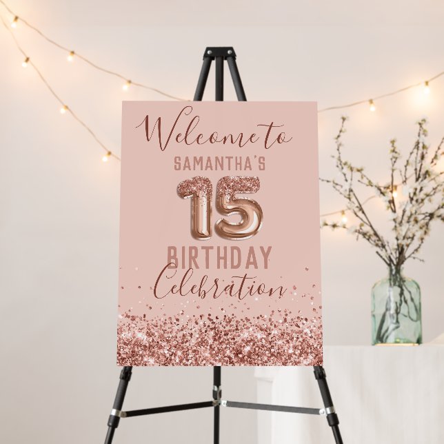 Rose Gold Pink Happy 15th Birthday Foam Board (In Situ (Stand))