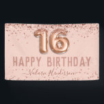 Rose Gold Pink Happy 16th Birthday Banner<br><div class="desc">Girly glitter,  millennial pink background,  with fancy script name typography. Faux rose gold 16 balloon text. Great for Sweet 16th celebrations.</div>