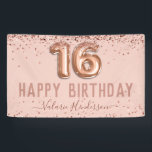 Rose Gold Pink Happy 16th Birthday Banner<br><div class="desc">Girly glitter,  millennial pink background,  with fancy script name typography. Faux rose gold 16 balloon text. Great for Sweet 16th celebrations.</div>