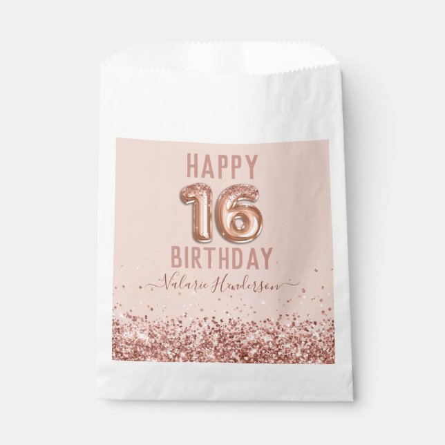 Rose Gold Pink Happy 16th Birthday Favor Bag (Front)