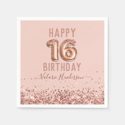 Rose Gold Pink Happy 16th Birthday Napkins