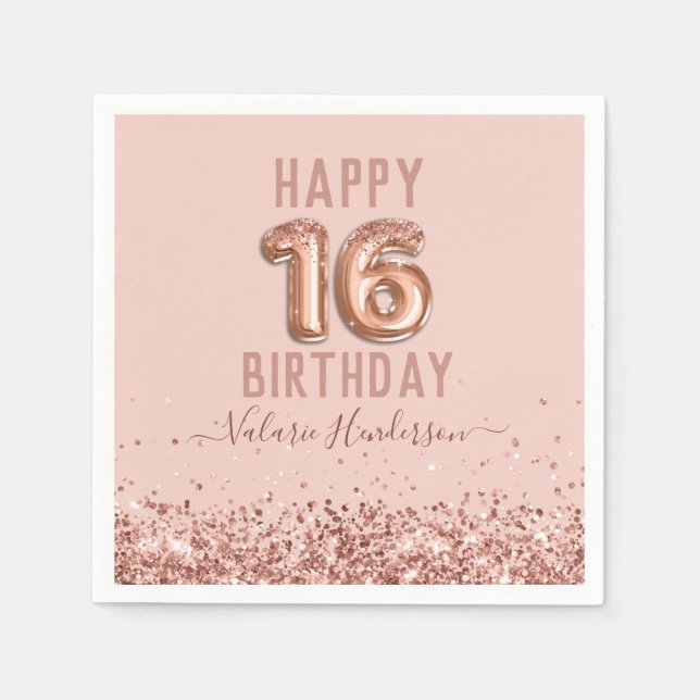 Rose Gold Pink Happy 16th Birthday Napkins (Front)