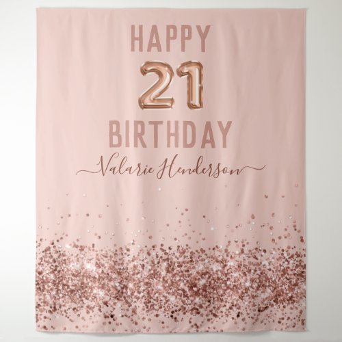 Rose Gold Pink Happy 21st Birthday Tapestry