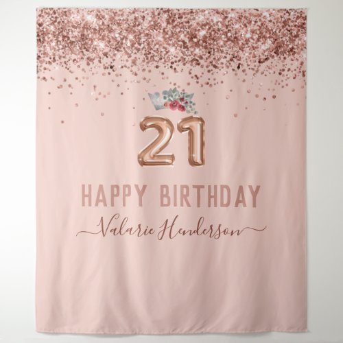 Rose Gold Pink Happy 21st Birthday Tapestry