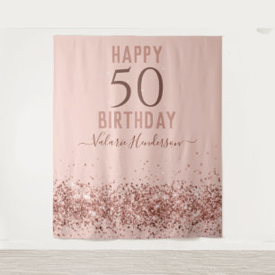 Rose Gold Pink Happy 50th Birthday Tapestry