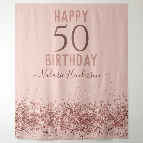 Rose Gold Pink Happy 50th Birthday Tapestry