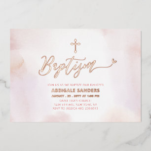 Rose Gold & Pink Heart Girl Baptism Foil Invitation