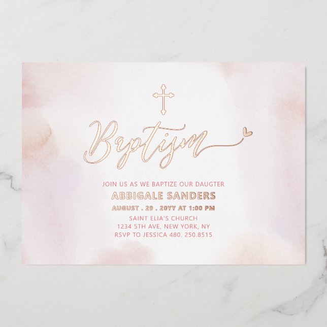 Rose Gold & Pink Heart Girl Baptism Foil Invitation (Front)