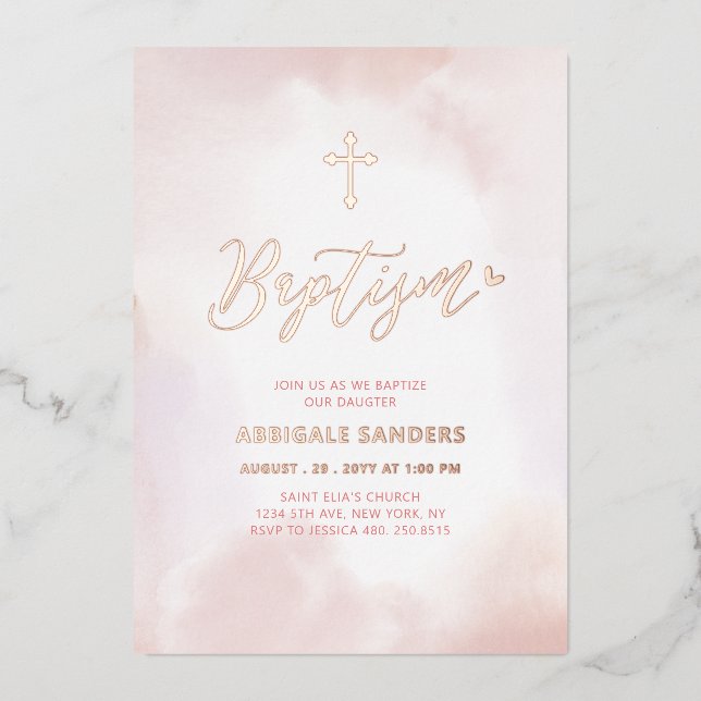 Rose Gold & Pink Heart Girl Baptism Foil Invitation (Front)