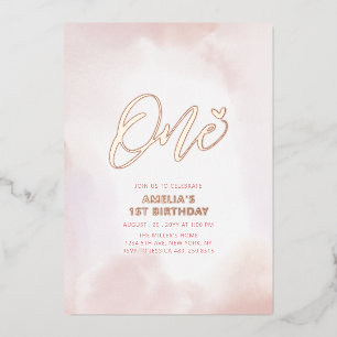 Rose Gold & Pink Heart One 1st Girl Birthday Party Foil Invitation