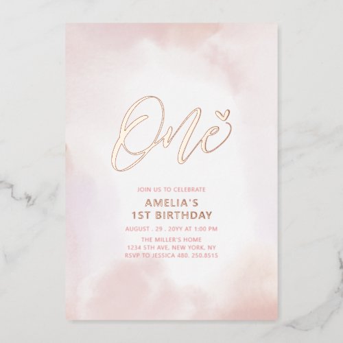Rose Gold  Pink Heart One 1st Girl Birthday Party Foil Invitation