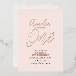 Rose Gold & Pink Heart One 1st Girl Birthday Party Foil Invitation