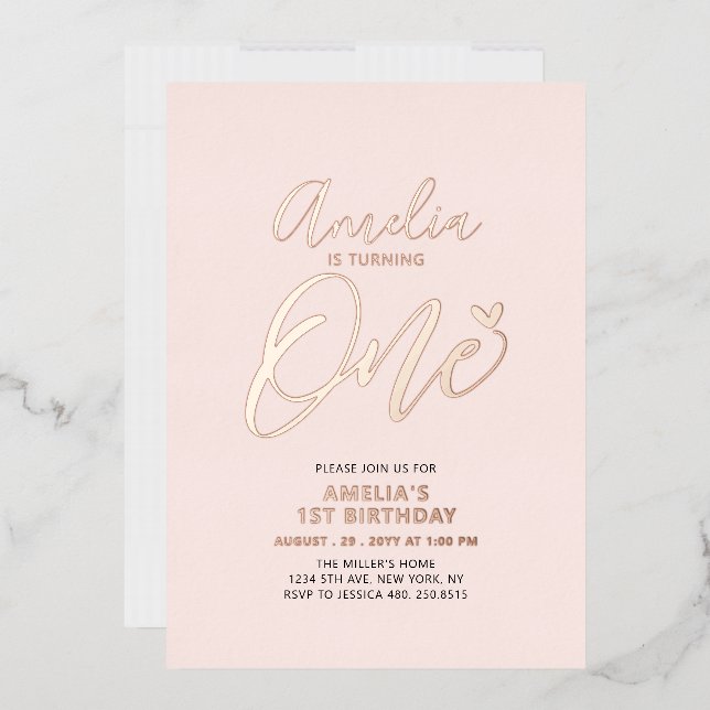 Rose Gold & Pink Heart One 1st Girl Birthday Party Foil Invitation (Envelope)