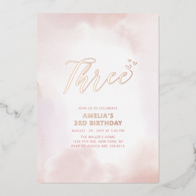 Rose Gold & Pink Heart Three Girl 3rd Birthday Foil Invitation (Front)