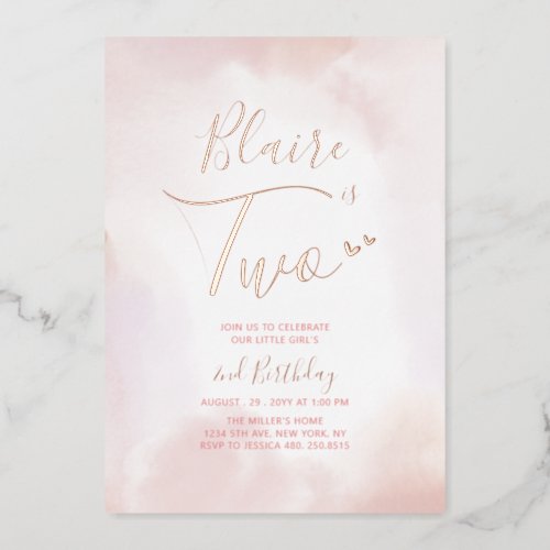 Rose Gold  Pink Heart Two Girl 2nd Birthday Party Foil Invitation