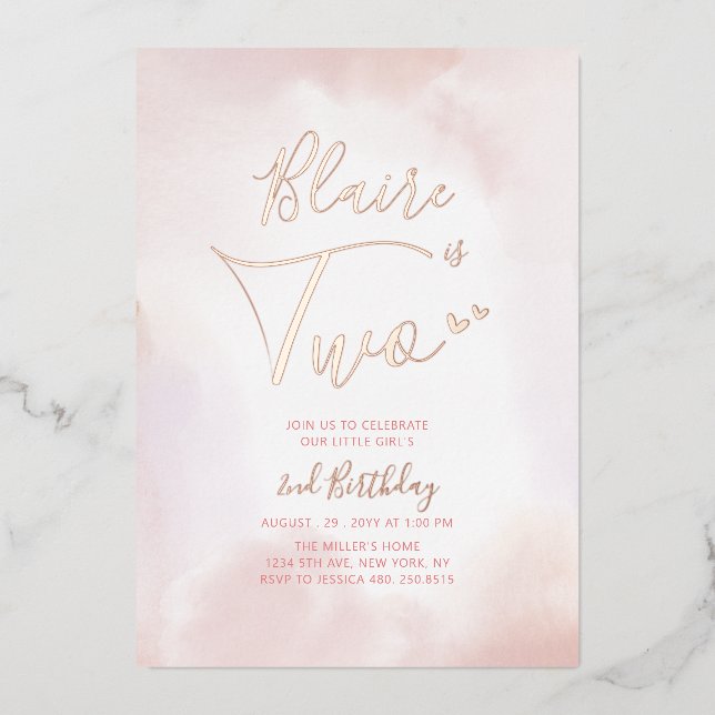 Rose Gold & Pink Heart Two Girl 2nd Birthday Party Foil Invitation (Front)