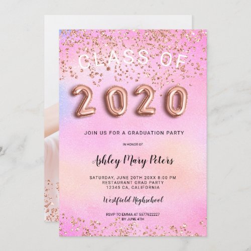 Rose Gold pink holographic photo graduation 2020 Invitation