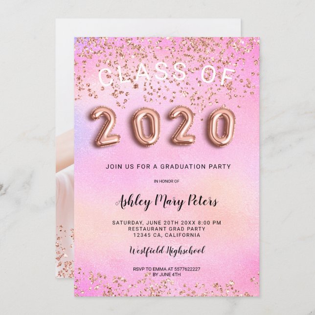 Rose Gold pink holographic photo graduation 2020 Invitation (Front/Back)