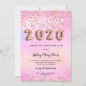 Rose Gold pink holographic photo graduation 2020 Invitation (Front)