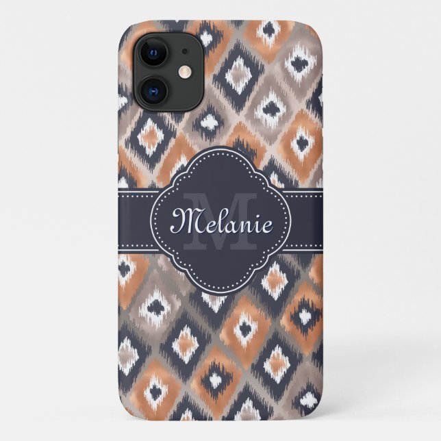 Rose Gold Pink Ikat Pattern Navy Monogram Case-Mate iPhone Case (Back)